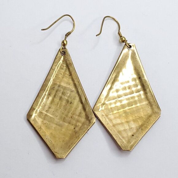 Boho Earrings Copper Brass Silver Geometric Herringbone Dangle Drop Diamond - Picture 4 of 4